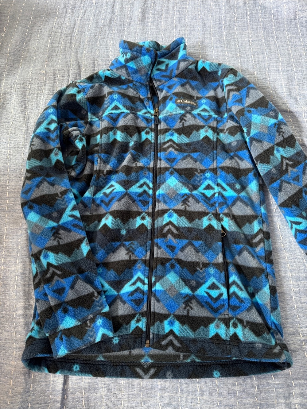 Columbia Blue, Teal & Black Geometric Fleece Jacket Kids L